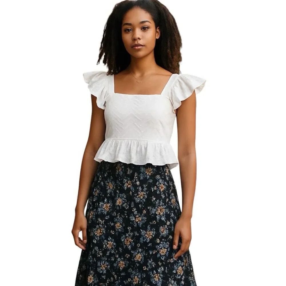 Francesca’s Blue Rain Bella Flutter Sleeve Bow Back Top Cottage Large White